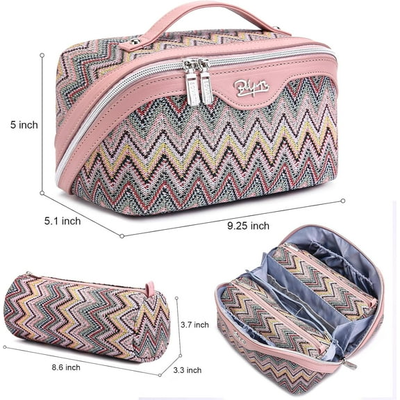 Travel Makeup Bag for Women - Western Boho 3 Pcs Set with Compartments, Waterproof Vegan Leather Cosmetic Bag, Large Capacity Toiletry Bag (Pink)