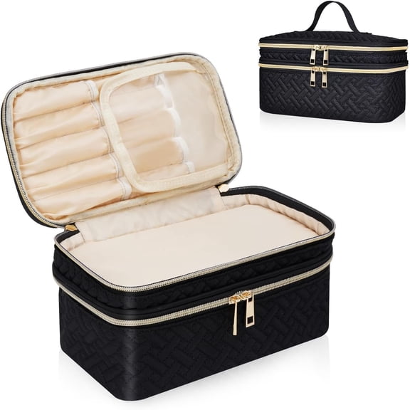 Travel Makeup Bag with Compartments, Portable Cosmetic Bags, Double-Layer Organizer (Black)