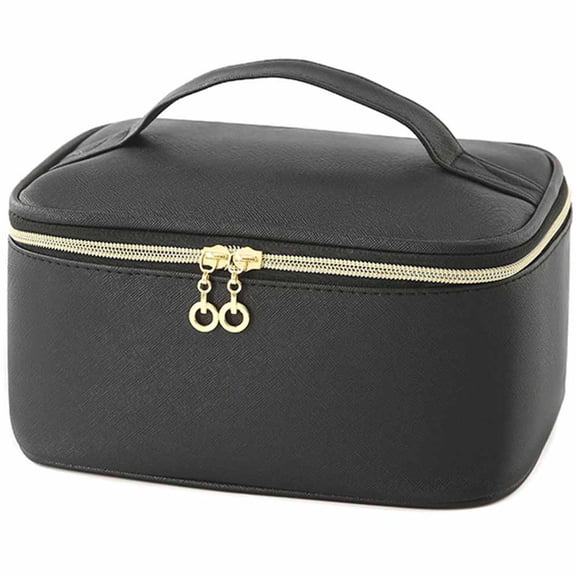 Travel Makeup Bag with Handle & Divider - Portable Cosmetic Case for Women, Large Capacity, Black