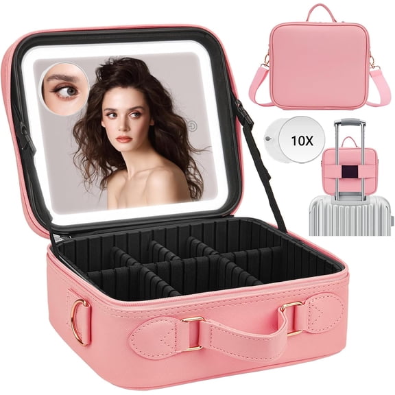 Travel Makeup Bag with LED Light Up Mirror, Waterproof Train Case, Adjustable Dividers and Detachable Mirror