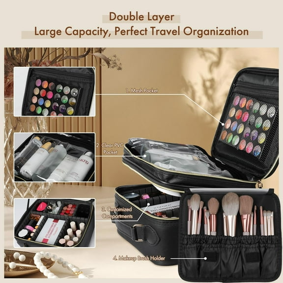 LED Mirror Travel Makeup Bag with Double Layer, Detachable Vanity , Dimmable Lighting, USB Rechargeable