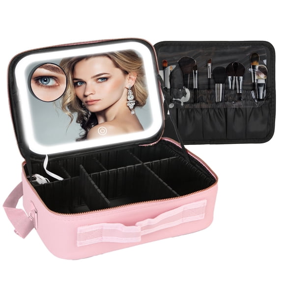 Travel Makeup Bag with LED Mirror Makeup Case Organizer with 3 Light Colors Adjustable Dividers Brush Holder Magnifying Mirror Shoulder Strap Luggage