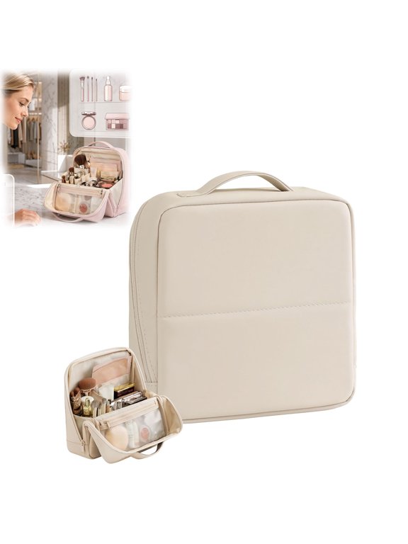 Travel Makeup Bag with Magnetic Fold Down Flap, Waterproof Leather Cosmetic Bag for Women, Multi Zone Standing Toiletry Organizer（Cream 1PCS）