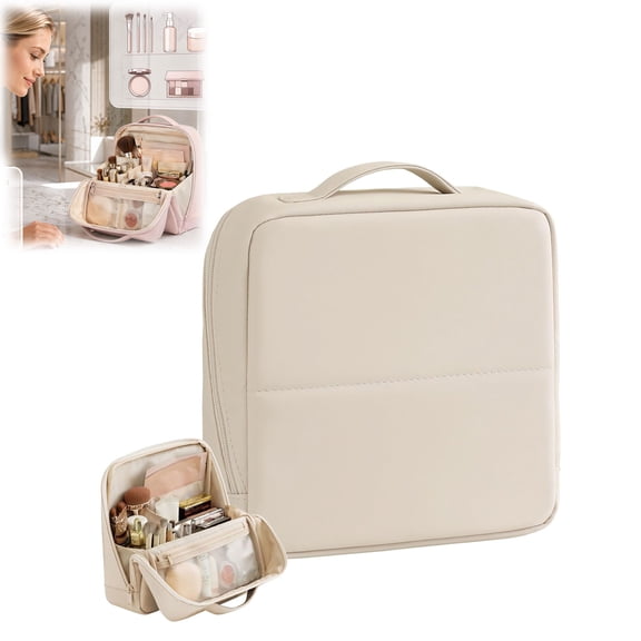 Travel Makeup Bag with Magnetic Fold Down Flap, Waterproof Leather Cosmetic Bag for Women, Multi Zone Standing Toiletry Organizer(Cream 1PCS)