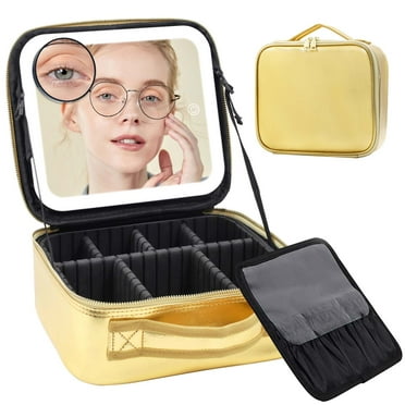 Travel Makeup Bag with Mirror of LED Lighted, Makeup Train Case with Adjustable Dividers, Makeup Case with Mirror and Detachable 10xMagnifying Mirror