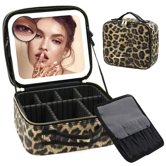Travel Makeup Bag with Mirror of LED Lighted, Makeup Train Case with Adjustable Dividers, Makeup Case with Mirror and Detachable 10xMagnifying Mirror