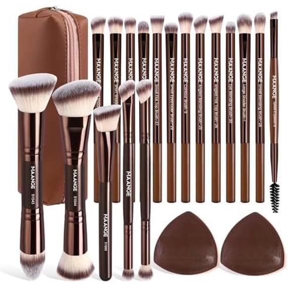 Travel Makeup Brush Set with Case 20 count Makeup Set, Multi-functional Essential 18 count Makeup brushes Foundation, , Blush, Eyeshadow Brushes with 2 Cushion Puffs-Coffee Brown
