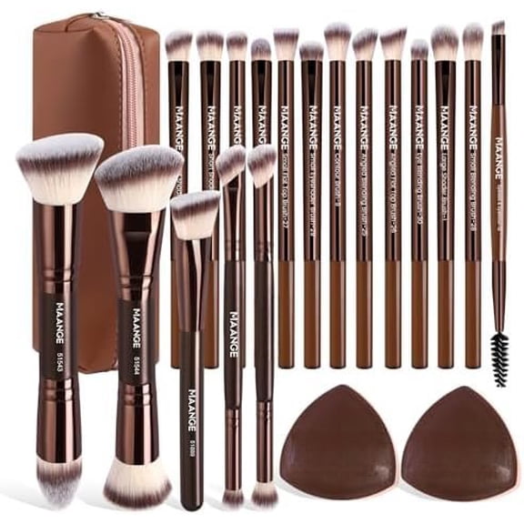 Travel Makeup Brush Set with Case  20 count Makeup Set, Multi-functional Essential 18 count Makeup brushes Foundation, , Blush, Eyeshadow Brushes with 2 Cushion Puffs-Coffee Brown