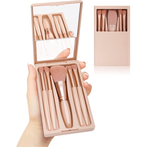 Travel Makeup Brush Set, Easy-Taken Mini Makeup Brush Set, Portable Travel Mirror Mini Makeup Brush Set for Travel Wedding Shower Favors Christmas Gift (Apricot Color)