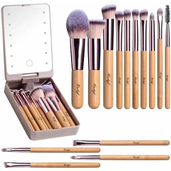 Travel Makeup Brush Set Foundation Concealers Eye Shadows Makeup Set with LED light Mirror 14 count Mini Makeup Brushes ()