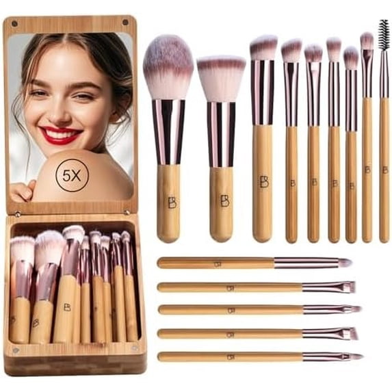 Travel Makeup Brush Set Kabuki Brushes - Includes Eyeshadow Blush Brush & Foundation Brush For Liquid Makeup - 5X Magnifier Mirror Case For Travel or the Daily Use