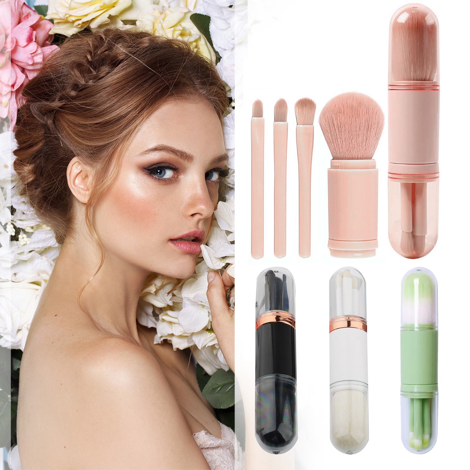 Travel Makeup Brushes Set 4 In 1 Mini Cute Makeup Brush Retractable