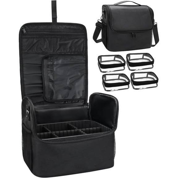 Travel Makeup Case with 4 Small Bag, Professional Makeup Artist Bag Case PU Leather Makeup Organizer Box with Adjustable Dividers and Strap (Medium, Black)