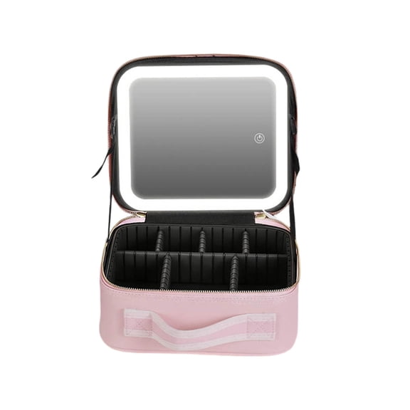 Travel Makeup Case with LED Light, Portable Makeup Organizer, Removable LED Mirror with Adjustable Natural/Warm Light, 360° Rotation, 2000mAh Battery, 6 Removable EVA Partitions, Brush Holder