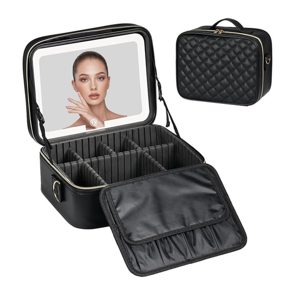 Travel Makeup Case with LED Light Mirror, 10-Inch Black Cosmetic Organizer with Adjustable Dividers