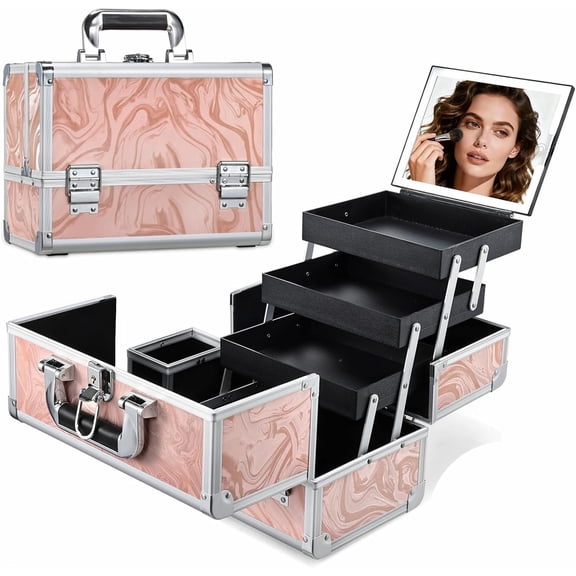 Travel Makeup Case with LED Lighted Mirror - 11.6" Portable Makeup Organizer Box, Case with Detachable Brush Holder - Fluid