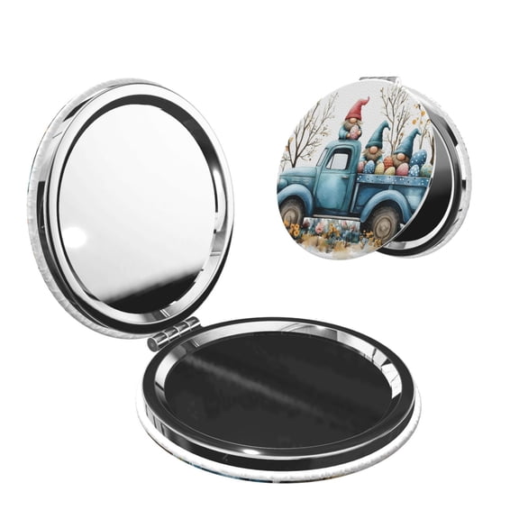 Travel Makeup Mirror 1x 2x Magnification Compact Portable Folding Handheld Mirror For Purse Pocket Handbag 2.6in Round Shape Easter Gnome Truck