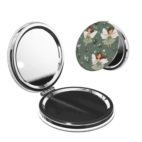 Travel Makeup Mirror 1x 2x Magnification Compact Portable Folding Handheld Mirror For Purse Pocket Handbag 2.6in Round Shape Elf And Flower