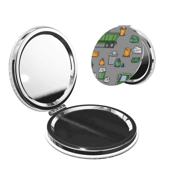 Travel Makeup Mirror 1x 2x Magnification Compact Portable Folding Handheld Mirror For Purse Pocket Handbag 2.6in Round Shape Garbage Truck