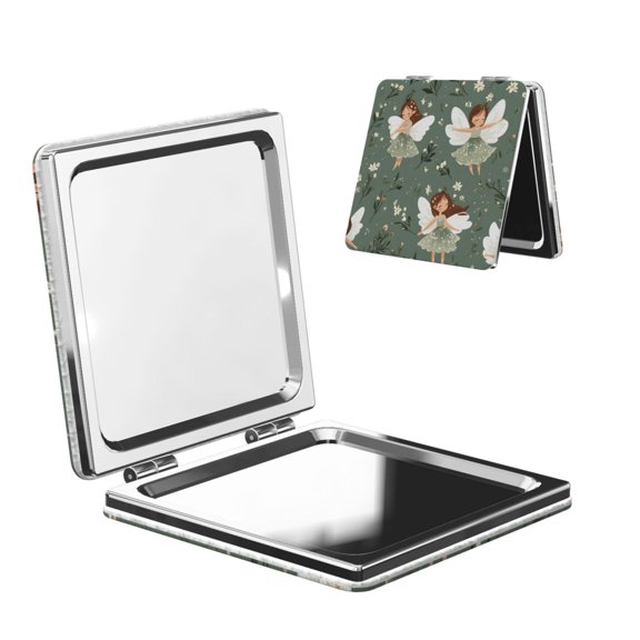 Travel Makeup Mirror 1x 2x Magnification Compact Portable Folding Handheld Mirror For Purse Pocket Handbag 2.6in Square Elf And Flower