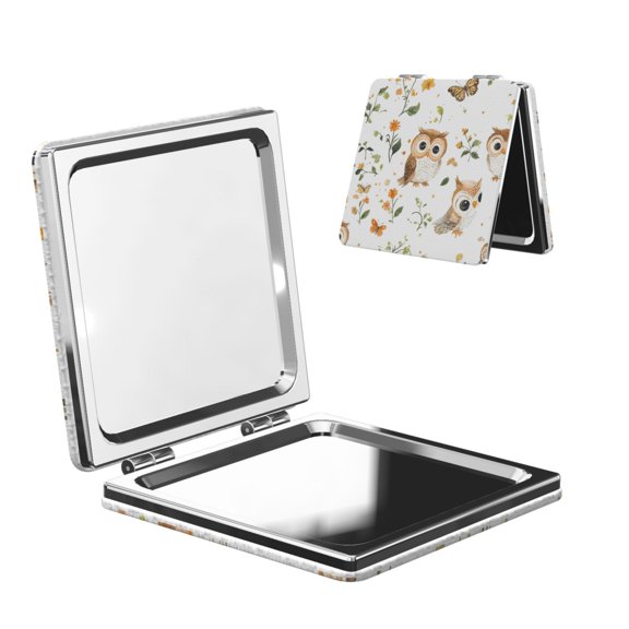Travel Makeup Mirror 1x 2x Magnification Compact Portable Folding Handheld Mirror For Purse Pocket Handbag 2.6in Square Owl Butterfly And Flowers-1