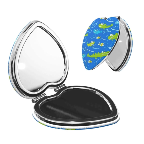 Travel Makeup Mirror 1x 2x Magnification Compact Portable Folding Handheld Mirror For Purse Pocket Handbag 2.6in Heart Shape Cartoon Crocodile And Fish