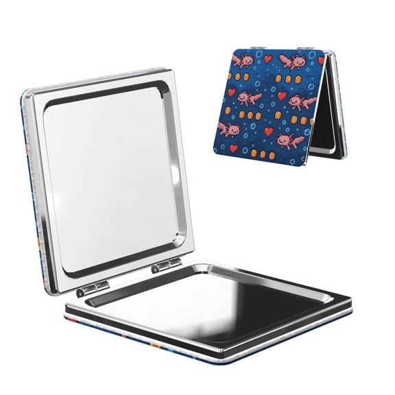 Travel Makeup Mirror 1x 2x Magnification Compact Portable Folding Handheld Mirror For Purse Pocket Handbag 2.6in Square Retro Pixel Axolotls - 8-Bit Nostalgia