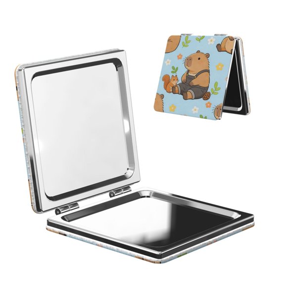 Travel Makeup Mirror 1x/2x Magnification Compact Portable For Handbag Purse Pocket 2.6in Folding Handheld Mirror Square Capybaras And Squirrels