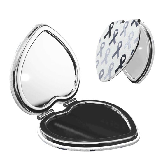 Travel Makeup Mirror 1x/2x Magnification Compact Portable For Handbag Purse Pocket 2.6in Folding Handheld Mirror Heart Shape Cancer Awareness Ribbon Pattern - Grayscale Modern