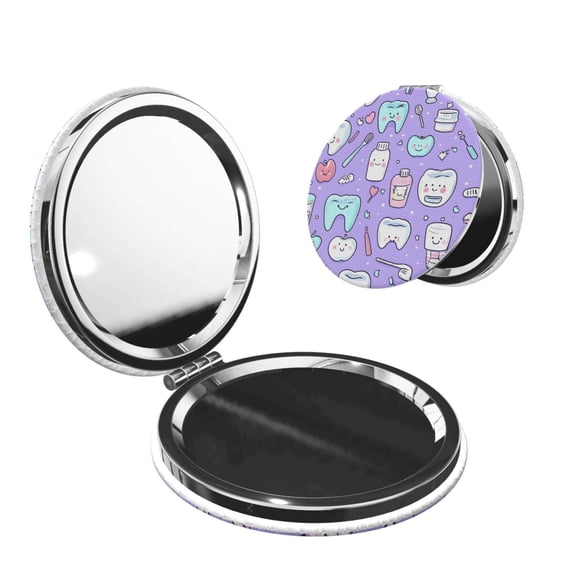 Travel Makeup Mirror 1x/2x Magnification Compact Portable For Handbag Purse Pocket 2.6in Folding Handheld Mirror Round Shape Cute Teeth And Objects Dental Care