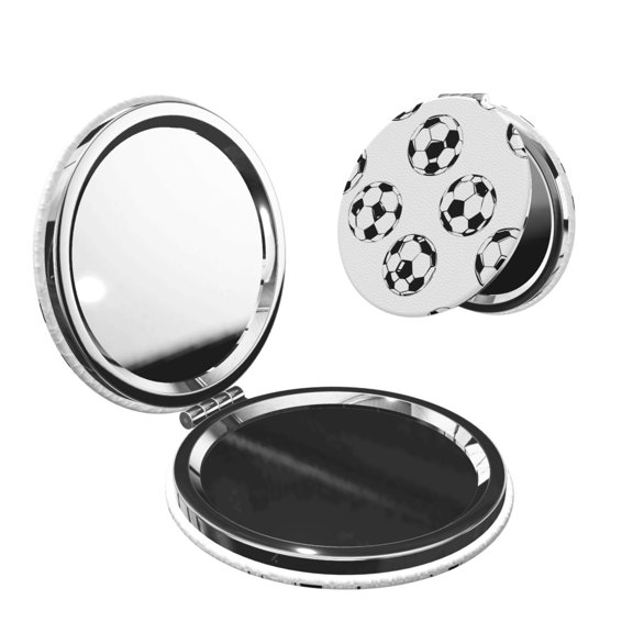 Travel Makeup Mirror 1x/2x Magnification Compact Portable For Handbag Purse Pocket 2.6in Folding Handheld Mirror Round Shape Sporty Dynamic Style Soccer Balls Black And White