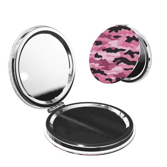 Travel Makeup Mirror 1x/2x Magnification Compact Portable For Handbag Purse Pocket 2.6in Folding Handheld Mirror Round Shape Texture Military Camouflage Pattern Abstract Pink_2