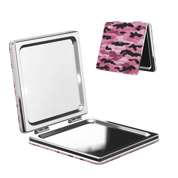 Travel Makeup Mirror 1x/2x Magnification Compact Portable For Handbag Purse Pocket 2.6in Folding Handheld Mirror Square Texture Military Camouflage Pattern Abstract Pink_2