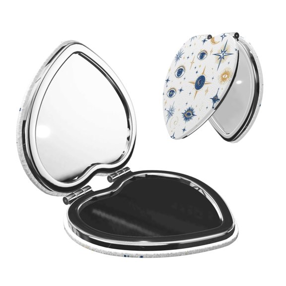 Travel Makeup Mirror 1x/2x Magnification Compact Portable For Handbag Purse Pocket 2.6in Folding Handheld Mirror Heart Shape Blue Gold Eyes Stars Sun Moon