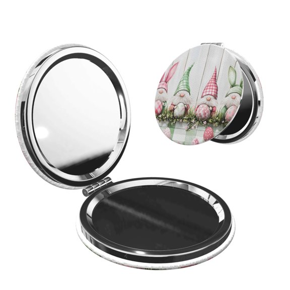 Travel Makeup Mirror 1x/2x Magnification Compact Portable For Handbag Purse Pocket 2.6in Folding Handheld Mirror Round Shape Buffalo Plaid Bunny Gnomes Eggs Easter