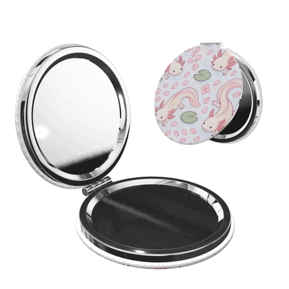 Travel Makeup Mirror 1x/2x Magnification Compact Portable For Handbag Purse Pocket 2.6in Folding Handheld Mirror Round Shape Sakura Pond Axolotls - Japanese Pastel