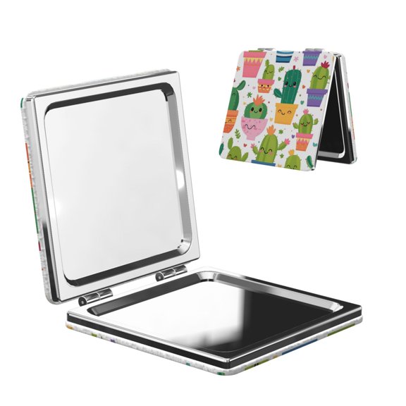 Travel Makeup Mirror 1x/2x Magnification Compact Portable For Handbag Purse Pocket 2.6in Folding Handheld Mirror Square Cactus Potted Plant