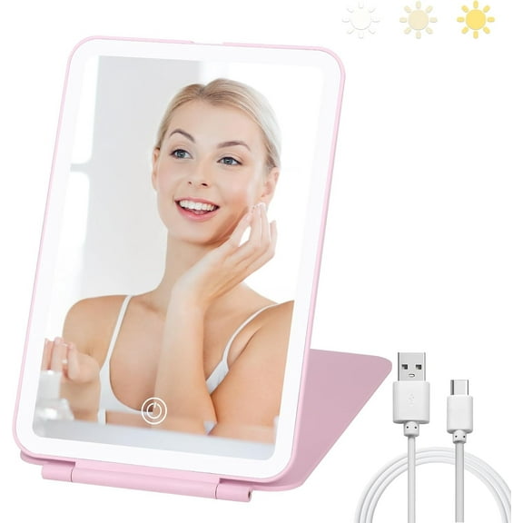 Travel Makeup Mirror with 3 Colors Light Modes, Folding Vanity Mirror with Lights, Adjustable Brightness, USB Rechargeable, Portable, Ultra Thin (Pink),3-color light-Pink,1