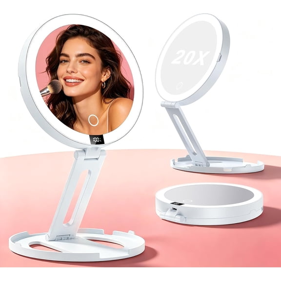 Travel Makeup Mirror Lighted with 20X/1X Magnification, 2000mAh Rechargeable Double Sided LED Mirror with Power Display, 3 Color Dimming Portable Folding Compact Mirror for Trips