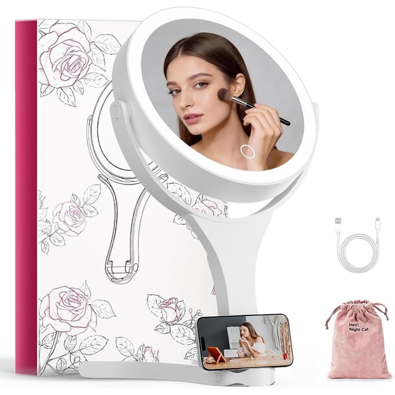Travel Makeup Mirror with Lights, 1X/10X Magnifying Mirror with Phone Stand, 3 Color Lighted Rechargeable  Mirror, 360? Rotatable Tabletop Handhold  Mirror for Travel (White)