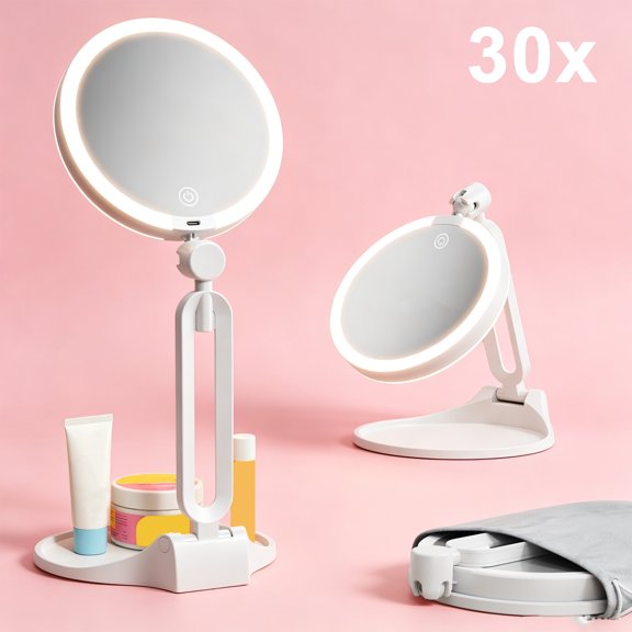 Travel Makeup Mirror with Lights, 1X/30X Magnification Double Sided Lighted Mirror, 3 Colors Dimming Lighting, Large Size of 6inch, Foldable Design, 360°Angle Adjustable