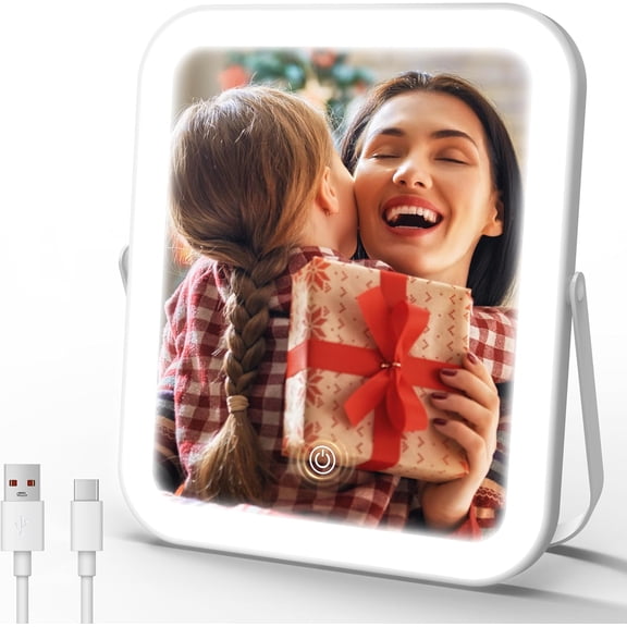 Travel Makeup Mirror with Lights, 8x10 Inch LED Vanity Mirror, Rechargeable Portable Mirror for Desk & Travel Essentials, Light Up Mirror with Stand, Dimmable Touch Screen