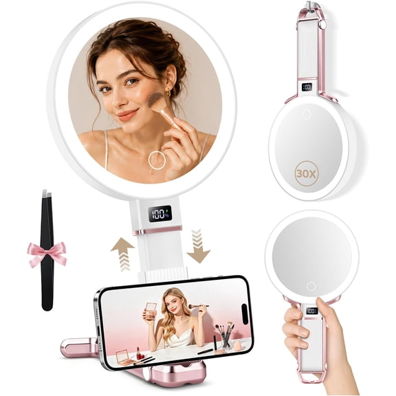 Travel Makeup Mirror with Lights, Height Adjustable 30X/1X Double-Sided Magnifying Mirror, Portable Foldable Vanity Mirror with Digital Display & Phone Holder, Handheld Tabletop Hanging
