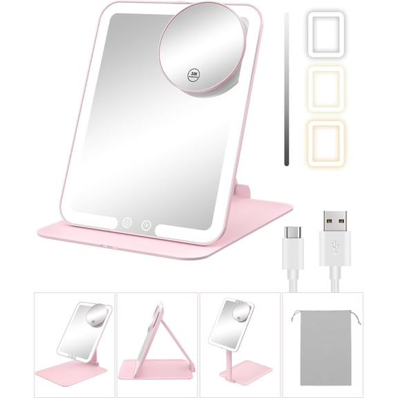 Travel Makeup Mirror with Lights and Magnification 10X, Portable Make Up Compact Tabletop Mirror with Adjustable Stand, 3 Colored Lights Rechargeable Lighted LED Vanity Mirror - Pink