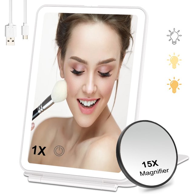 Travel Makeup Mirror with Lights, Portable Lighted Makeup Vanity Mirror with 15X Magnifying
