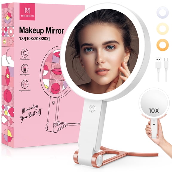 Travel Makeup Mirror with Lights, Rechargeable Double-Sided 10X/1X Magnifying Mirror, Portable Lighted Beauty Mirror, 3 Color Lighting, Dimmable Touch Screen, Tabletop Handhold Hanging