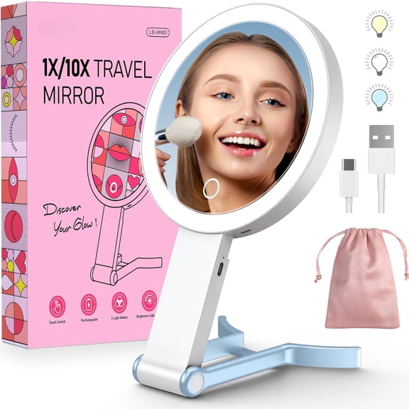 Travel Makeup Mirror With Lights  Rechargeable Double-sided 10x/1x Magnifying Portable Lighted Beauty Mirrors 3 Color Lighting Dimmable Touch Screen Tabletop Handhold Hanging (blue)