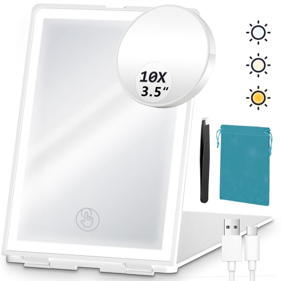 Travel Makeup Mirror With Lights Valentines Day Gifts For Her  Girlfriend Wife Birthday Rechargeable Portable Folding Compact Led Set Tweezer 3 Color Light Modes