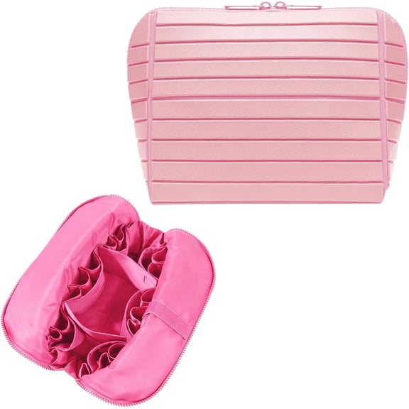 Travel Makeup Organizer Bag with 27 Pockets & Adjustable Dividers, Large Capacity Cosmetic Toiletry Case for Women, Fold-Down Vanity Pouch for Full-Size Bottles and Brushes, 8 x 4.5 x 7 in(Pink)