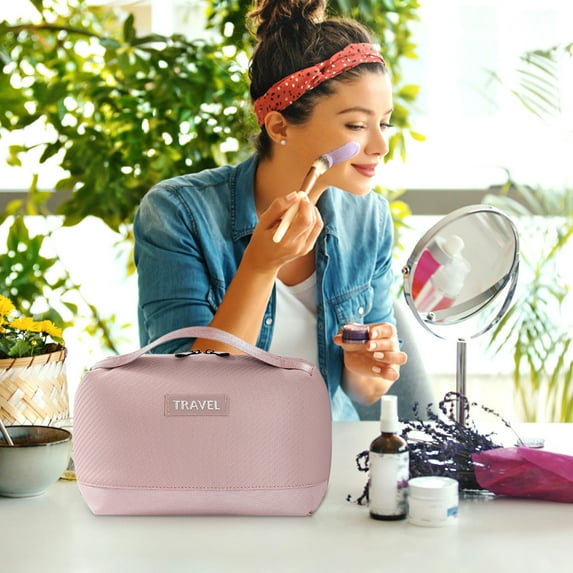 Travel Makeup Organizer Bag | Large Capacity 3-Compartment Portable Cosmetic Storage Case | Multi-Functional Double Zipper Sponge Lined | Digital Accessories & Toiletry Holder | Lightweight | 1 Pack